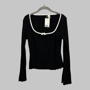 Divided Y2K Womens Ribbed Long Sleeve Lettuce Trim Fitted Top Coquette Size L